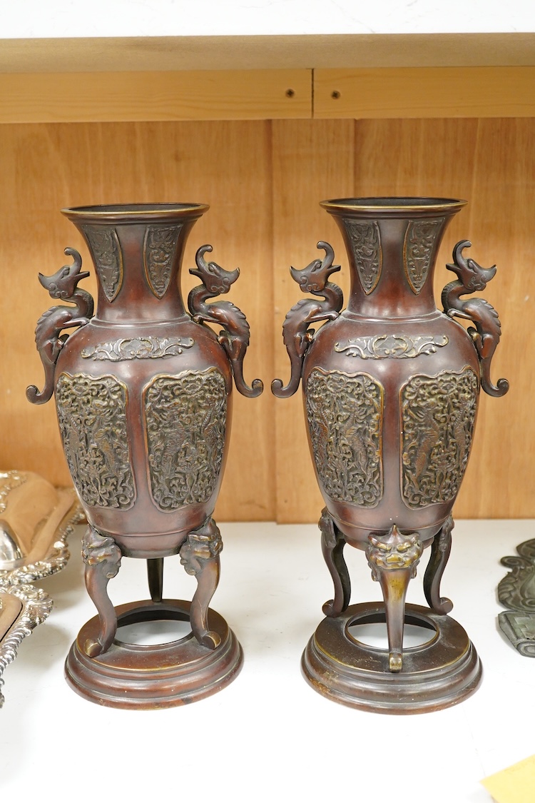 Two pairs of Japanese bronze vases, Meiji period and another, later example, largest 35cm high